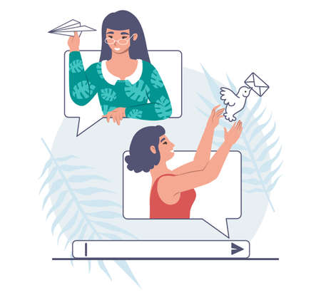 Girls sending messages, flat vector illustration. Online conversation between two women friends. Online communication.のイラスト素材