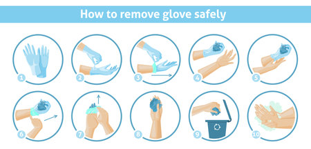 How to remove disposable gloves safely tips, vector infographic. Recycle disposable rubber gloves.のイラスト素材