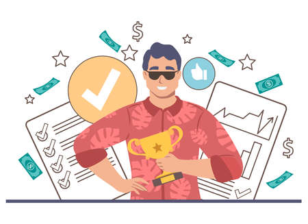 Happy businessman, champion, business competition winner holding trophy award cup, vector illustration. Career growth.のイラスト素材