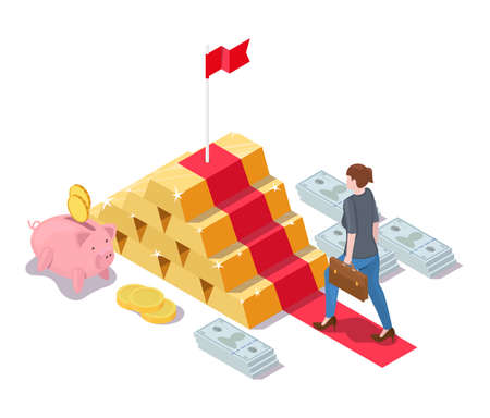 Business woman climbing gold ingot stairs with flag on top, vector isometric illustration. Financial success, investing.のイラスト素材