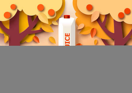 Juice package mockup on display podium, paper cut autumn background. Natural healthy food product ad template, vector.のイラスト素材