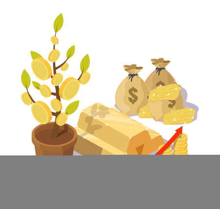 Money tree, gold bars, money bags, flat vector isometric illustration. Investment in gold concept.のイラスト素材