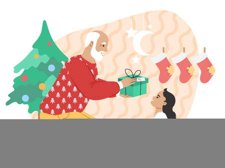 Grandfather giving Christmas gift to granddaughter, flat vector illustration. Grandparent grandchild relationships.のイラスト素材