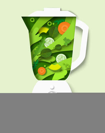 Blender with delicious green vegetable smoothie, vector paper cut illustration. Healthy drink. Food rich in vitamins.のイラスト素材