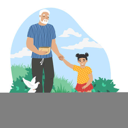 Grandfather walking with granddaughter feeding doves in park, vector illustration. Grandparent grandchild relationships.のイラスト素材