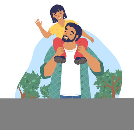 Happy dad walking with daughter in the park, flat vector illustration. Parent child relationship. Father day activity.のイラスト素材