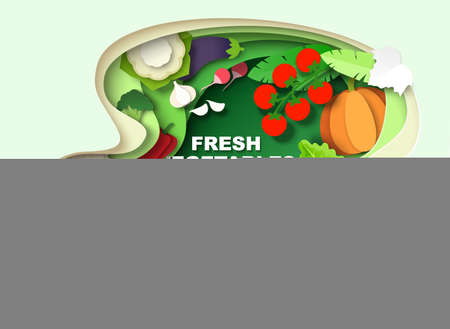 Supermarket shopping basket full of fresh vegetables and fruits, vector illustration in paper art style.のイラスト素材