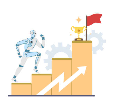 Robot machine leader climbing career ladder with trophy cup and flag, vector illustration. AI career growth, leadership.のイラスト素材