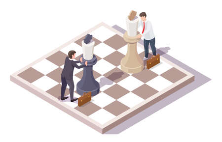 Businessman characters playing chess board game, vector isometric illustration. Business competition, war, fight conceptのイラスト素材