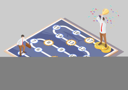 Business people playing board game, vector isometric illustration. Path to success, business competition concept.のイラスト素材