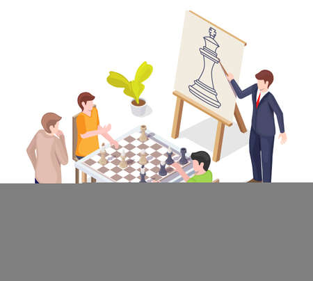 Teacher, trainer teaching people to play strategy board game, vector isometric illustration. Chess academy, training.のイラスト素材