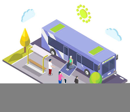 Isometric bus stop, disabled man in wheelchair leaving city bus using access ramp. Public transport accessibility vectorのイラスト素材