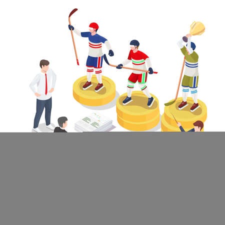 Ice hockey draft process. Sport hockey league teams selecting players from junior teams, vector isometric illustration.のイラスト素材