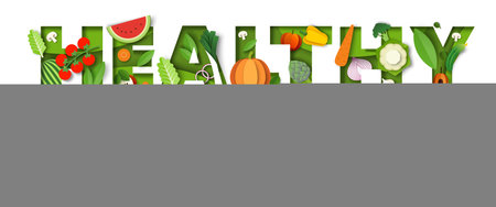Healthy food typography vector banner template. Paper cut fresh vegetables and fruits. Vegan diet, organic nutrition.のイラスト素材