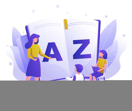 Kids studying languages with teacher, vector illustration. English languauge class, course. Kids school education.のイラスト素材