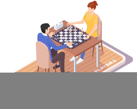 Man and woman playing chess board game on smartphone screen, vector isometric illustration. Online chess. Mobile gaming.のイラスト素材