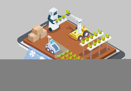 Isometric remote control greenhouse on mobile phone screen. Smart farm, Iot, ai technologies in agriculture, vector.のイラスト素材