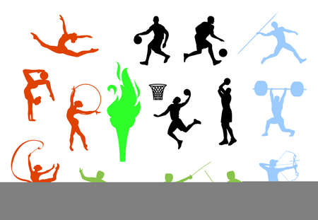 Sport people set. Gymnastics, fencing, archery, javelin throw, basketball, bodybuilding athlete silhouettes, vector.のイラスト素材