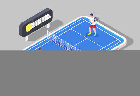 Mobile tennis, vector isometric illustration. Tennis court, players, scoreboard on smartphone screen. Online sport game.のイラスト素材