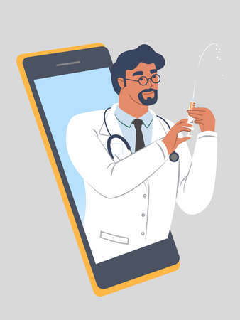Smartphone with doctor holding syringe. Online medicine, virtual consultation, treatment, video call, vector.のイラスト素材