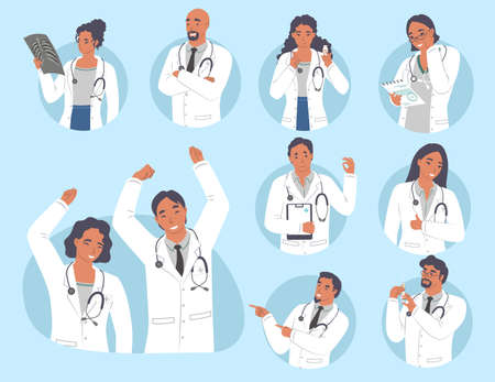 Doctor, medical professionals male and female character set. People showing different hand gestures, vector illustrationのイラスト素材