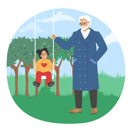 Grandfather swinging granddaughter on swing in park, vector illustration. Grandparent grandchild relationships.のイラスト素材