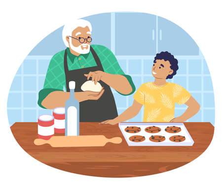 Grandfather cooking with grandson in kitchen, vector illustration. Grandparent grandchild relationships.のイラスト素材