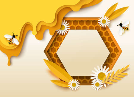 Honeycomb frame, cute bees, honey drip, vector paper cut illustration. Natural sweet syrup, organic...