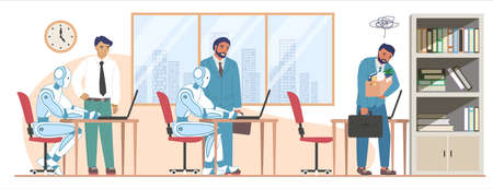 Fired employee leaving office, robots working on computers, vector illustration. AI superiority. Human staff reduction.のイラスト素材