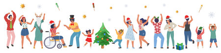 Happy people celebrating Christmas party, dancing and having fun, flat vector isolated illustration.のイラスト素材
