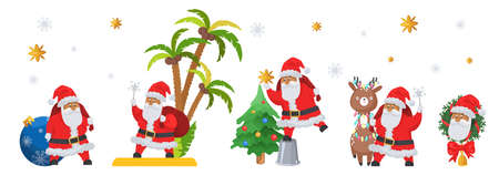 Santa Claus cartoon character set. Cute Santa with Christmas tree, reindeer, wreath, bauble, sparklers, sack, vector.のイラスト素材