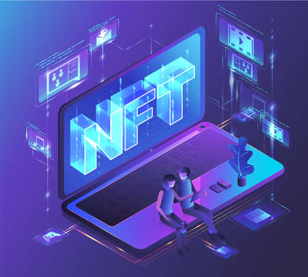 NFT non fungible token, digital crypto art blockchain technology, vector isometric illustration, neon light design.のイラスト素材