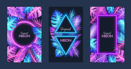 Tropical neon card template set, vector illustration. Tropic frames with exotic palm tree, monstera jungle plant leaves.のイラスト素材