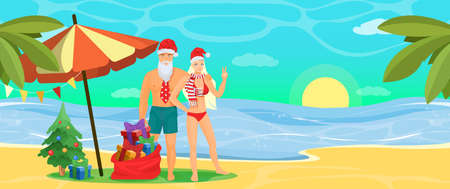 Happy couple in swimwear and Santa hats on beach, vector illustration. Tropic Christmas tour, tropical winter vacation.のイラスト素材