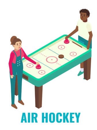 Couple playing air hockey arcade game, vector isometric illustration. Club attractions, fun activities, entertainmentのイラスト素材