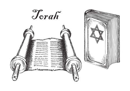Torah scroll, Judaism religion Holy book. Ancient Jewish Bible sacred texts, holy scriptures, sketch vector illustrationのイラスト素材