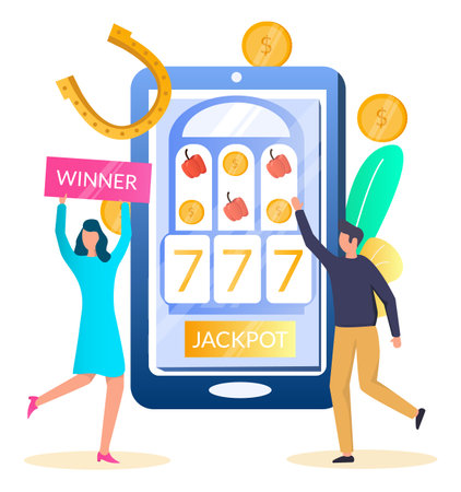 People playing slot games on mobile phone and winning jackpot, vector illustration. Mobile slot app, casino online.のイラスト素材