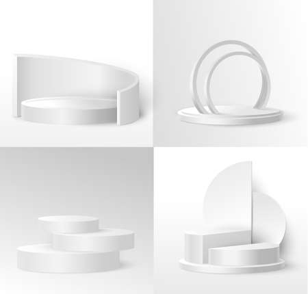 Product display podium mockup set, vector illustration. Realistic white stage, platform for exhibition, presentation.のイラスト素材