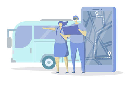 Tourist couple, smartphone with public transport mobile app, vector illustration. City map, bus...