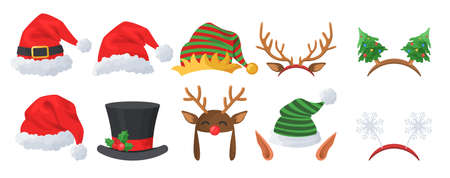 Christmas hats and decorations, vector illustration. Santa Claus hats, funny elf ears, deer horns, carnival headbands.のイラスト素材
