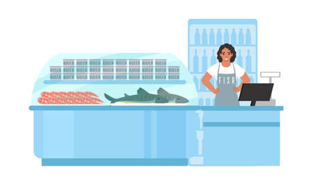 Fish store, market. Supermarket, grocery store seafood section, department. Fishmonger shop, vector illustration.のイラスト素材