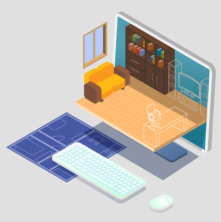 Interior design online service. Living room furniture 3d models on computer screen, house blueprint, vector illustrationのイラスト素材