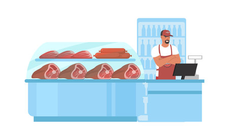 Meat store, farm food market. Supermarket, grocery store meat section. Butchers shop, vector illustration.のイラスト素材