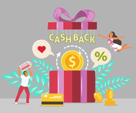 Cash back bonus credit card reward. Online shopping cashback incentives, customer loyalty programs, vector illustration.のイラスト素材