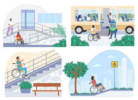 People in wheelchairs moving freely within city public places accessible for disabled. Barrier free environment, vector.のイラスト素材