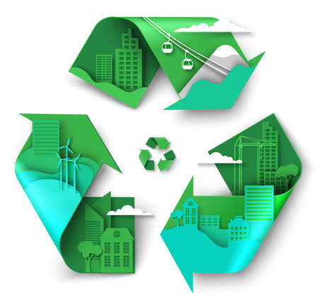 Recycle sign with eco friendly city, mountain nature, clean energy vector paper cut illustration. Sustainable urban lifeのイラスト素材