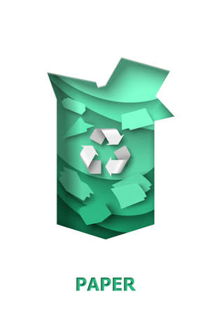 Recycle cardboard box with paper garbage and recyclable material sign, vector paper cut illustration. Reuse, recycling.のイラスト素材