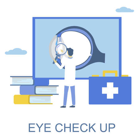 Eye check up, flat vector illustration. Doctor ophthalmologist. Eyesight test, vision correction. Ophthalmology.のイラスト素材