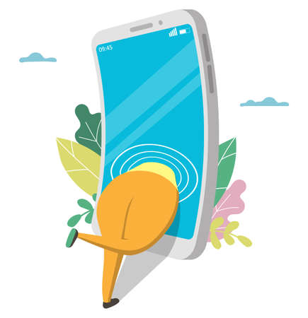 Addicted to mobile phone woman, vector illustration. Smartphone addiction. Obsessive use of a smartphone. Nomophobia.のイラスト素材