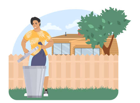 Man throwing garbage bag into trash can, vector illustration. Housework, household chores, housekeeping.のイラスト素材